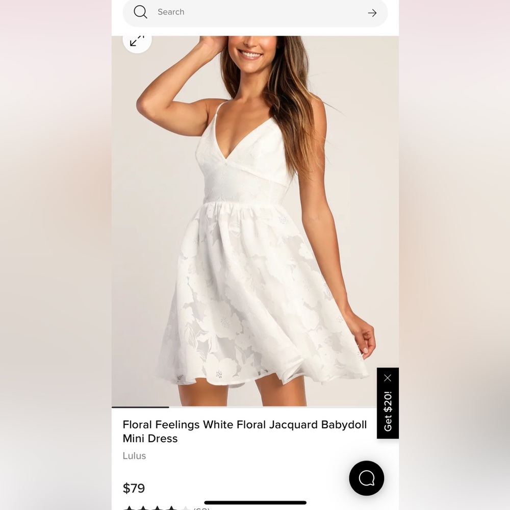 Lulu’s White Floral Jaquard Babydoll Mini Dress Brand New Large